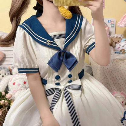 YUMEKAWA ♡ Choose your ribbon Sailor collar dress with attached sleeves #wanpi49