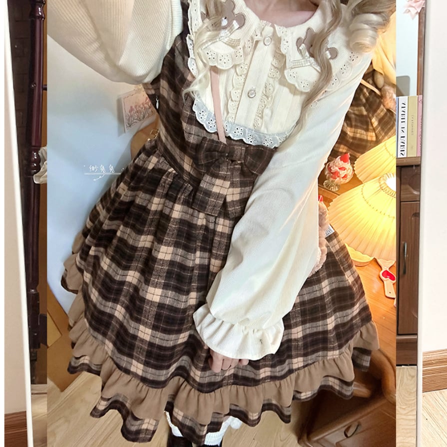 YUMEKAWA ♡  Glen check dress like a layered dress  #wanpi50