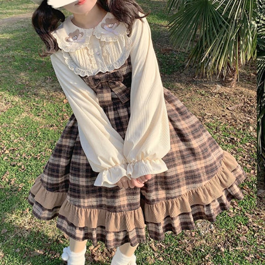 YUMEKAWA ♡  Glen check dress like a layered dress  #wanpi50