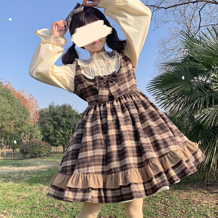 YUMEKAWA ♡  Glen check dress like a layered dress  #wanpi50