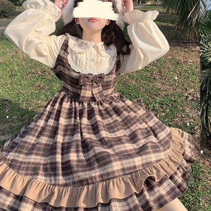 YUMEKAWA ♡  Glen check dress like a layered dress  #wanpi50