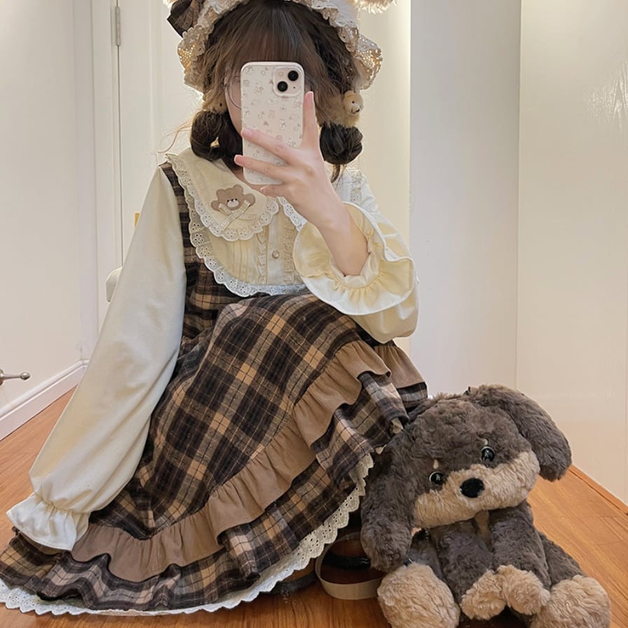 YUMEKAWA ♡  Glen check dress like a layered dress  #wanpi50
