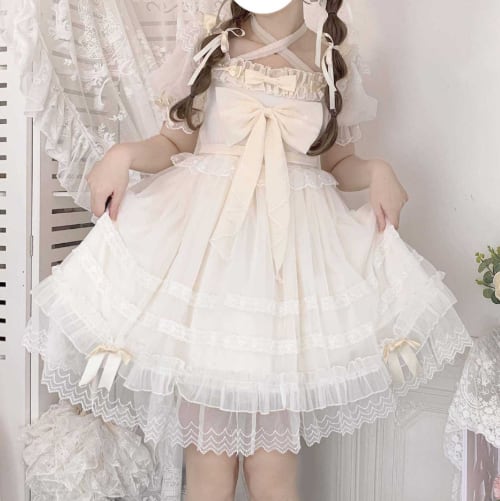 YUMEKAWA ♡ Cross-neck chiffon dress #wanpi57