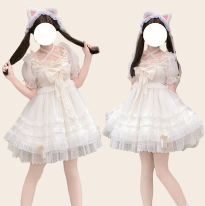 YUMEKAWA ♡ Cross-neck chiffon dress #wanpi57