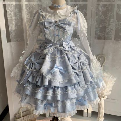 Manufactured after order ♡  ( 2 colors )  Lolita jumperskirt with bijoux and ribbon  #wanpi65