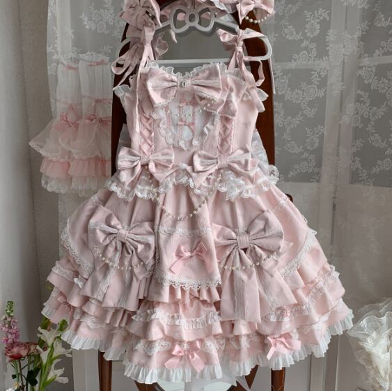 Manufactured after order ♡  ( 2 colors )  Lolita jumperskirt with bijoux and ribbon  #wanpi65