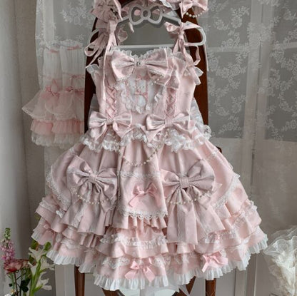 Manufactured after order ♡  ( 2 colors )  Lolita jumperskirt with bijoux and ribbon  #wanpi65