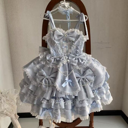Manufactured after order ♡  ( 2 colors )  Lolita jumperskirt with bijoux and ribbon  #wanpi65