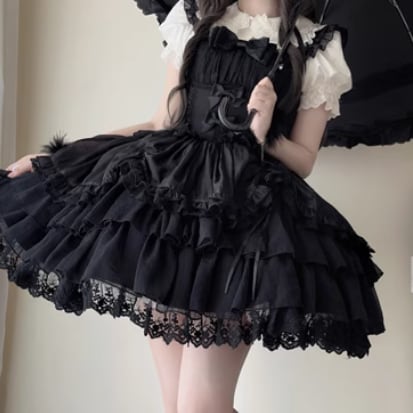 YUMEKAWA ♡ ( 2 colors ) suspender ruffle dress #wanpi78