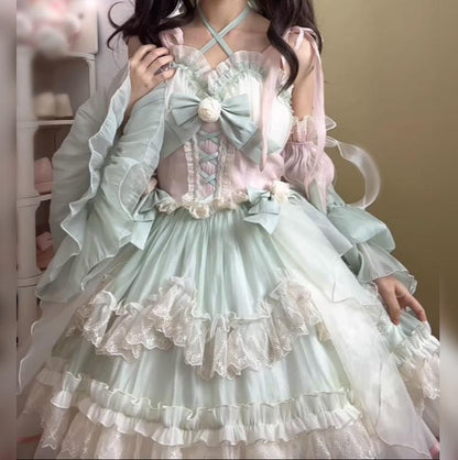 YUMEKAWA ♡ ( 2 colors )  cross neck dress with fake sleeves  #wanpi91