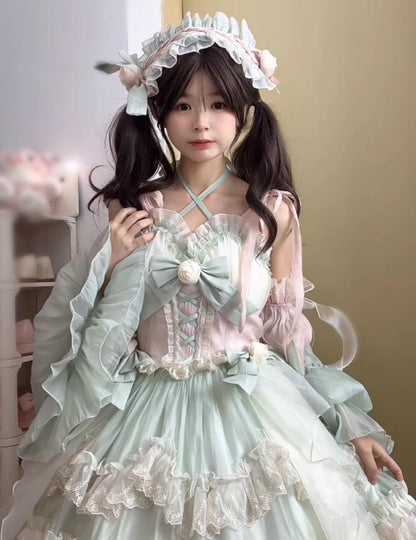YUMEKAWA ♡ ( 2 colors )  cross neck dress with fake sleeves  #wanpi91