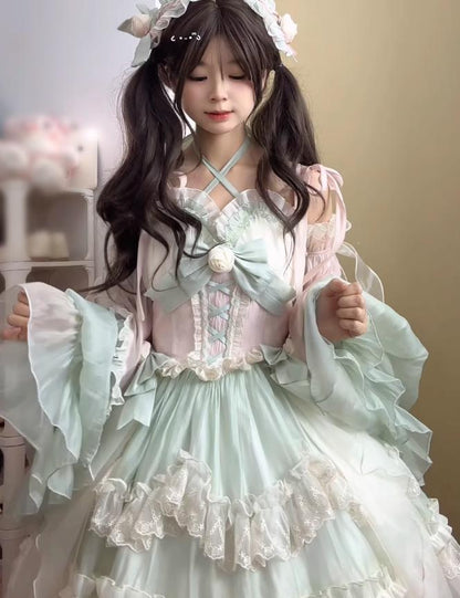 YUMEKAWA ♡ ( 2 colors )  cross neck dress with fake sleeves  #wanpi91