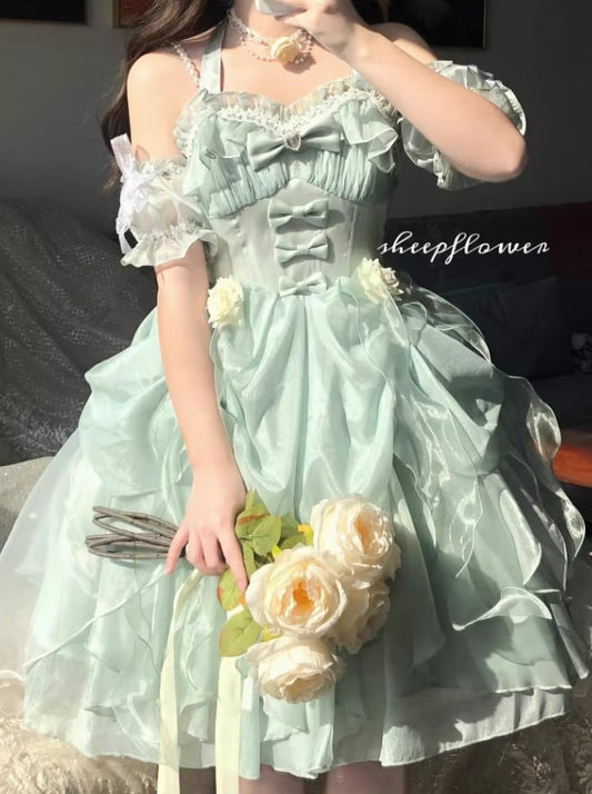 YUMEKAWA ♡  mint green ruffle dress with fake sleeves  #wanpi93