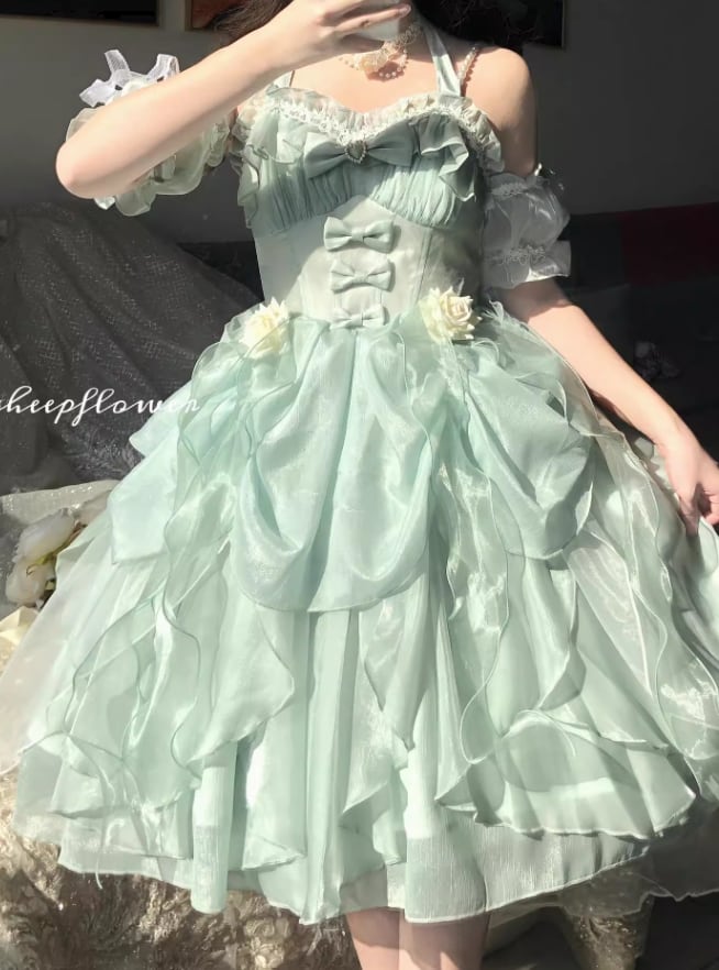 YUMEKAWA ♡  mint green ruffle dress with fake sleeves  #wanpi93